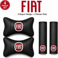 Brtshopping Fiat Nakışlı Boyun Yastığı ve Kemer Pedi Seti 2 Yastık 2 Kemer Siyah Delikli Deri Universal Oto Aksesuar Seti