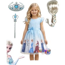 Bemora Kids Elsa Anna Frozen Elbise Mavi Elbise Elsa Anna Baskılı Elbise + Elsa Peruk Saç + Taç Asa Doğum Günü Parti Düğün Davet Bayram Elbise Kostüm