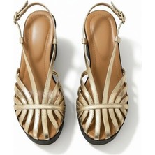 Ne&Ve Shoes Altın Deri Biye Kadın Takunya Sandalet