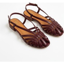 Ne&Ve Shoes Bordo Deri Biye Kadın Günlük Sandalet