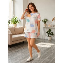 Balis Pijama Kadın Baskılı Şortlu Bisiklet Yaka Pijama Takımı Pamuklu Ev Giyim Seti Yumuşak Rahat Eğlenceli Hem Ev Hem Dış Giyim Comfort Homewear Bayram Bayramlık Yazlık Elbise Şortlu Takım
