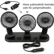 Monte Lua Araç Içi Vantilatör Fanı, 12 Volt Çakmaklık Girişli, USB Dönüştürme Kitli, 3 Başlıklı 360 Derece,