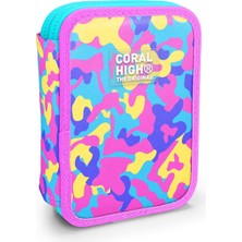 Coral High Kids Pembe Sarı Lavanta Kamuflaj Desenli Çift Katlı Kalem Çanta 31101