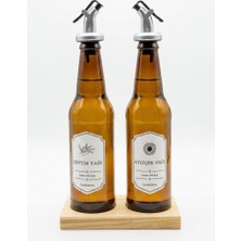 Bienca 2'li Cam Yağlık Set | 345 ml Amber, Otomatik Döküm Uçlu Zeytin Yağı & Ayçiçek Yağı Şişesi, Ahşap Stand