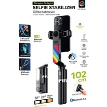 GUNKES Rgb Işıklı Gimbal Selfie Çubuğu 360° Dönebilen Titreşim Önleyici 102CM Tripodlu Bt5.2 Işık Destekli Selife