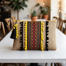 Ju Yaratıcı Tasarım Hasır Kadın Portföy & Clutch Çanta Ponponlu Otantik Desen