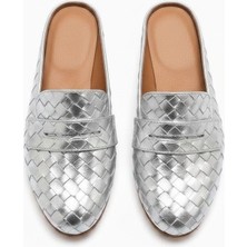 Ne&Ve Shoes Gümüş Örgü Detaylı Kadın Sabo Terlik