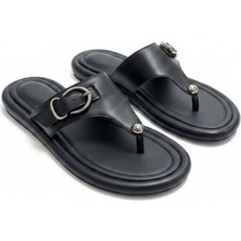Ne&Ve Shoes Siyah Deri Tokalı Kadın Parmak Arası Sandalet