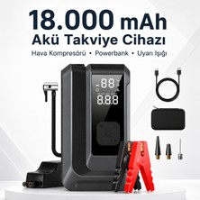 Seyoni 18.000 Mah Akım Korumalı Akü Takviye Cihazı, Lastik Şişirme Pompası, Powerbank Özellikli LED Işıklı Kompresör