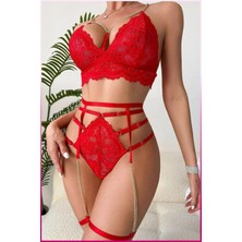 MiraLive Kırmızı Dantelli Gold Zincirli Seksi Jartiyer Takım