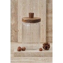 Atbyhome Ahşap Kapaklı Borosilikat Cam Saklama Kabı 700 ml - Oluklu Cam Kavanoz
