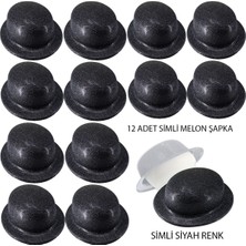 Shoppingfestr Siyah Renk Simli Melon Yuvarlak Parti Şapkası 12 Adet