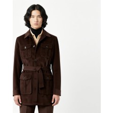 HC MEN CLASSIC Kahverengi Erkek Trençkot Kuşaklı Kadife Kumaş Modern Fit Safari Cepli Fitted Tasarım