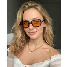 Lodin Siyah Çerçeveli Turuncu Camlı Trend Köşeğen 2025 Unisex Güneş Gözlüğü