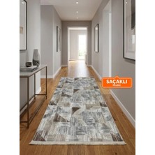 NarStore Home Dinar Saçaklı Gri Kahve Kaymaz Taban Yıkanabilir Kesme Yolluk Halı Modern Desen
