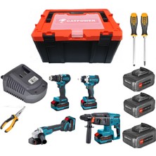 Kayasan Catpower 1580 Kömürsüz Akülü 4 Lü Set Li-Ion Akü 3 Adet 4 Ah 1 Şarj Darbeli Tornavida 160MM Kargaburun