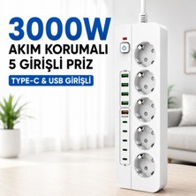 Seyoni Pro P13 3000W Akım Korumalı 5 Girişli Type-C ve USB Girişli Uzatmalı Grup Priz 1,8metre Kablo Uzunlu