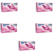 Dolphin Tek Kullanımlık Pembe Nitril Eldiven - Muayne Eldiveni Medium Orta Boy - 100'LÜ 5 Paket