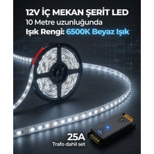 AC Aydınlatma 10 Metre 12V 6500K Beyaz Işık Şerit LED + 12V 25A Slim LED Trafosu Hazır Set
