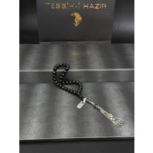 Premium Bilekboy Küre Kesim 925K Gümüş Işlemeli Erzurum Oltu Taşı Tesbih 925 Ayar Ağır Gümüş Püskül Tasarımlı