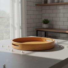 Taşıma Kulplu Yuvarlak Bambu Tepsi (30 Cm) | Doğal Ahşap Servis Tepsisi | Kahve, Kahvaltı ve Dekoratif Masaüstü Organizeri