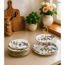 Pinkev Flora 7 Parça Seramik Pasta Tabağı Katlı Kurabiyelik Sunum Takımı
