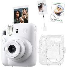 Mini 12 Beyaz Fotoğraf Makinesi-10'lu Film-Kıskaçlı Resim Standı ve Simli Pleksi Kılıf Seti