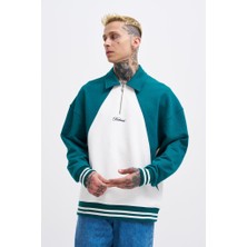Machinist Erkek Işleme Detaylı Polo Sweatshirt Ekru-Yağ Yeşili