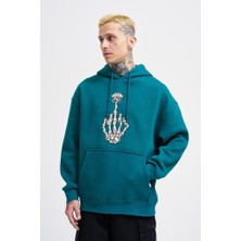Machinist Erkek Middle Finger Baskılı Kapüşonlu Oversize Sweatshirt Petrol Yeşili