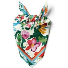 Tua İpek Kadın Yaz Çiçeği Desen Bandana/fular Çok Renkli İpeksi Saten ile Çok Yönlü Kullanım