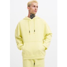 Erkek Yıkamalı Basic Kapüşonlu Oversize Sweatshirt Açık Sarı