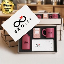 BK Gift Logonuza Özel 10 Adet Kutulu Ahşap Altlıklı Fuşya Fincan & Kolonya &  & Aromalı Kahve Seti – Ahşap Kutulu Kurumsal Hediye Seti