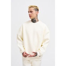 Machinist Erkek Basic Bisiklet Yaka Oversize Sweatshirt Ekru