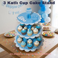 Direkstoktan 🧁 3 Katlı Mavi Puantiyeli Karton Cupcake Standı | Diş Buğdayı & 1 Yaş Özel Etiketli (32X32 Cm) 🥳