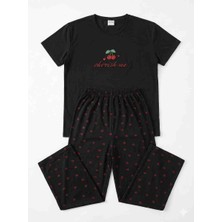 Shine Elagance Siyah Kiraz Desenli Sıfır Yaka Kısa Kollu Üst ve Uzun Alt Milan Kumas Kadın Pijama Takımı