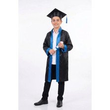 Nacar Çarşı Çocuk Ortaokul Mavi Şeritli Siyah Mezuniyet Cübbesi ve Kep Takımı
