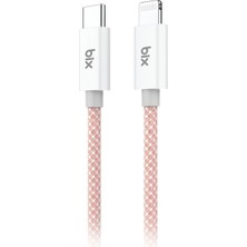 Bix T3CL Type-C To Lightning iPhone 27W Örgülü Hızlı Şarj ve Data Kablosu 1 Metre Pembe