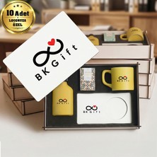 BK Gift Logonuza Özel 10 Adet Kutulu Ahşap Altlıklı Sarı Fincan & Kolonya &  & Aromalı Kahve Seti – Ahşap Kutulu Kurumsal Hediye Seti