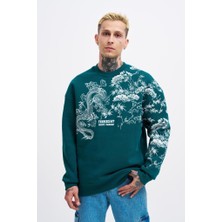 Machinist Erkek Dragon Printed Sweatshirt Yağ Yeşili