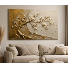 Altın Beyaz Çiçekli Ağaç Kanvas Tablo – Modern Lüks Salon ve Yemek Odası Duvar Dekoru