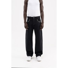 Machinist Erkek Studs Embellished Baggy Jean Pantolon Açık Siyah
