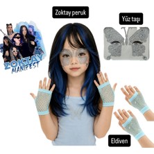 Bemora Kids Manifest Zoktay Aksesuar Seti Manifest Zoktay Peruk Mavi-Siyah Saç + Yüz Taşı + Mavi File Eldiven Parti Konser Doğum Günü