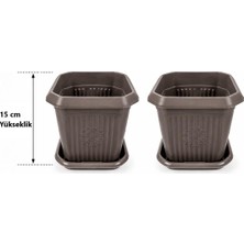 Güzelyüz Avm 2 Adet Kare Saksı Seti | Koyu Kahve Renk Tabaklı Saksı Seti 2,5 Litre 170X170X150MM No:3