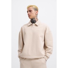 Machinist Erkek Basic Diagonal Polo Sweatshirt Açık Bej