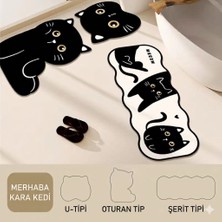 YYB Kara Kedi Tasarımlı 3 Parça Banyo Klozet Takımı - Nem Emici Tekno Kumaş Su Geçirmez Kauçuk Taban Halı Seti