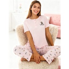 NiCe İç Giyim Pembe Renk Ayıcık Temalı Kısa Kol Bisiklet Yaka Kadın Pijama Takım