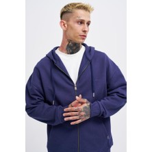 Machinist Erkek Basic Diagonal Fermuarlı Kapüşonlu Sweatshirt Gece Mavisi