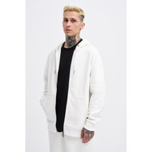 Machinist Erkek Basic Diagonal Fermuarlı Kapüşonlu Sweatshirt Ekru