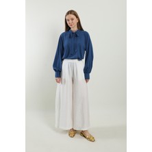 Zülays Dokulu Bol Paça Pantolon Beyaz