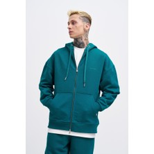 Machinist Erkek Basic Diagonal Fermuarlı Kapüşonlu Sweatshirt Yağ Yeşili